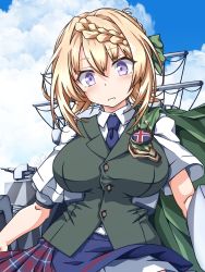 Rule 34 | 1girl, 547th sy, adapted turret, badge, blonde hair, blue necktie, blue skirt, blue sky, braid, braided bangs, braided bun, breasts, cape, cloak, cloud, cloudy sky, collared shirt, dress shirt, embarrassed, green cape, green cloak, green vest, hair bun, highres, kantai collection, large breasts, long hair, looking at viewer, machinery, necktie, outdoors, perth (kancolle), plaid, plaid skirt, pleated skirt, purple eyes, school uniform, shirt, short sleeves, skirt, sky, smokestack, solo, vest, white shirt