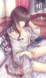 Rule 34 | 1girl, aramachi, bare legs, bed, blue eyes, bottle, breasts, brown hair, case, city lights, cleavage, collarbone, curtains, hair over shoulder, hand on own head, highres, hotel room, ichinose shiki, idolmaster, idolmaster cinderella girls, indoors, light blush, long hair, looking at viewer, medium breasts, on bed, pillow, robe, sidelocks, sitting, smile, solo, striped robe, untied, wide sleeves, window, wire
