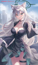 Rule 34 | 1girl, ahoge, animal ear fluff, animal ears, black choker, black dress, black gloves, blue archive, blue eyes, breasts, choker, cross hair ornament, dress, feet out of frame, frilled sleeves, frills, gloves, hair between eyes, hair ornament, halo, hand up, large breasts, light blush, long hair, long sleeves, looking at viewer, mismatched pupils, patreon username, sebu illust, shiroko (blue archive), shiroko terror (blue archive), skirt hold, sky, skyline, solo, thigh strap, very long hair, white hair, wolf ears