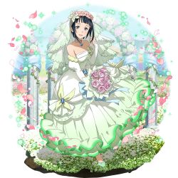 Rule 34 | 1girl, arch, black hair, blue eyes, bouquet, breasts, bridal veil, cleavage, collarbone, detached sleeves, dress, floral arch, flower, full body, green footwear, high heels, highres, holding, holding bouquet, jewelry, layered dress, long dress, long sleeves, looking at viewer, medium breasts, mole, mole under eye, necklace, official art, petals, pink flower, pink rose, pumps, rose, sachi (sao), short hair, sleeveless, sleeveless dress, solo, standing, strapless, strapless dress, sword art online, transparent, transparent background, veil, wedding dress, white dress, white sleeves