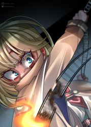 Rule 34 | 1girl, absurdres, athies, bleeding, blonde hair, blood, blue eyes, crying, crying with eyes open, cuts, film strip, fire, hair ornament, highres, hololive, hololive english, injury, shirt, short hair, solo, tears, virtual youtuber, watson amelia
