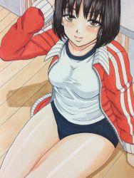 Rule 34 | 1girl, arm support, arm up, black hair, blue buruma, blush, breasts, brown eyes, buruma, collarbone, from above, gym uniform, hand on own head, highres, jacket, kirisute, long sleeves, looking at viewer, looking up, medium breasts, open clothes, open jacket, railing, red jacket, shirt, short hair, sitting, smile, solo, white shirt, zipper