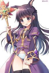 Rule 34 | 1girl, animal ear fluff, animal ears, black hair, black thighhighs, blush, breasts, commentary request, cropped jacket, holding, holding staff, jacket, kasumi (princess connect!), long hair, long sleeves, mauve, panties, party, princess connect!, purple eyes, purple jacket, purple robe, robe, simple background, small breasts, solo, staff, standing, striped clothes, striped panties, thigh gap, thighhighs, twitter username, underwear, very long hair, white background