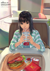 Rule 34 | 1girl, black hair, burger, chips (food), drink, drinking, face, food, french fries, green eyes, krenz, long hair, original, potato chips, pov, solo, solo focus