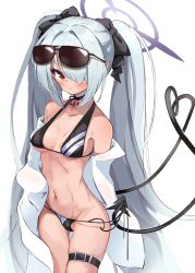 Rule 34 | 1girl, belt, bikini, black bikini, blue archive, bow, breasts, choker, cleavage, collarbone, commentary request, demon girl, demon tail, eyewear on head, grey hair, hair bow, hair over one eye, hair ribbon, halo, highres, iori (blue archive), iori (swimsuit) (blue archive), kiomota, long hair, looking at viewer, medium breasts, multi-strapped bikini bottom, navel, panties, pointy ears, red eyes, ribbon, side-tie panties, sidelocks, simple background, sleeveless, solo, stomach, sunglasses, swimsuit, tail, thighlet, twintails, underwear, white background