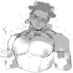 Rule 34 | 1boy, animal ears, animal print, bara, bare pectorals, beard, bell, blush, boku no hero academia, breath, chest harness, cow boy, cow ears, cow horns, cow print, cropped torso, detached sleeves, endeavor (boku no hero academia), extra ears, facial hair, finger on nipple, greyscale, harness, horns, kemonomimi mode, large areolae, large pectorals, male focus, mature male, monochrome, muscular, muscular male, navel, navel hair, neck bell, nipples, nose blush, omochi shogun, pectoral focus, pectorals, red hair, scar, scar across eye, scar on face, short hair, sideburns, sketch, solo, spiked hair, stubble, twitching