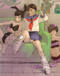 Rule 34 | 3boys, :3, :p, alternate costume, animal ears, beer can, black leotard, blouse, blue sailor collar, bra, brothers, brown hair, bulge, can, cat ears, cat lingerie, couch, crossdressing, drink can, fake animal ears, fake tail, fishnet pantyhose, fishnets, fur-trimmed bra, fur trim, hair ornament, hairclip, knees apart feet together, leg warmers, leotard, long sleeves, looking at phone, male focus, male playboy bunny, male underwear, male underwear peek, matsuno ichimatsu, matsuno osomatsu, matsuno todomatsu, meme attire, multiple boys, neckerchief, nezumi sion, non-web source, on couch, one eye closed, osomatsu-san, osomatsu (series), pantyhose, phone, pink eyes, pleated skirt, poster (object), red eyes, red neckerchief, sailor collar, saliva, school uniform, serafuku, shirt, siblings, sitting, skirt, sleeping, sleeping upright, smile, tail, tongue, tongue out, underwear, white male underwear