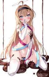 1girl absurdres ahoge black_hairband black_halo blonde_hair breasts chocolate chocolate_on_body chocolate_on_breasts commentary_request food_on_body hairband halo highres long_hair looking_at_viewer naked_chocolate navel nude original simple_background sitting small_breasts solo toshizou_(0714) valentine white_background