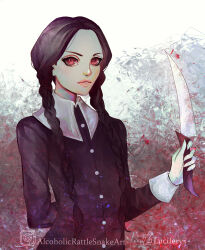 Rule 34 | 1girl, addams family, alcoholicrattlesnake, arm behind back, black dress, black hair, braid, buttons, collared dress, deviantart username, dress, eyelashes, fingernails, highres, holding, holding knife, instagram username, knife, long hair, long sleeves, looking at viewer, parted lips, red eyes, sharp fingernails, solo, twin braids, upper body, wednesday (netflix), wednesday addams