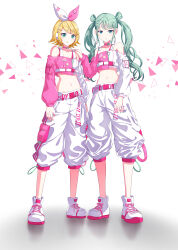 2girls absurdres aqua_eyes aqua_nails arm_at_side arms_at_sides bare_shoulders belt blonde_hair bow breasts clothes_writing collarbone colored_shoe_soles commentary double_bun earrings flipped_hair full_body green_hair grin hair_bun hair_ornament hand_on_another&#039;s_shoulder hatsune_miku headphones headset highres hoop_earrings itogari jewelry kagamine_rin legs_apart long_hair long_sleeves midriff multiple_girls nail_polish navel pants parted_lips pink_shirt project_sekai puffy_long_sleeves puffy_pants puffy_sleeves shadow shirt shoelaces shoes side-by-side simple_background small_breasts smile sneakers standing triangle twintails vivid_bad_squad_miku vivid_bad_squad_rin vocaloid white_background white_belt white_footwear white_headphones white_pants white_shirt yellow_nails