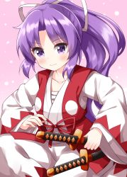 Rule 34 | 1girl, closed mouth, highres, holding, holding sword, holding weapon, japanese clothes, kataginu, kimono, long hair, looking at viewer, meira (touhou), multiple swords, pink background, ponytail, purple eyes, purple hair, ruu (tksymkw), samurai, sarashi, sheath, smile, solo, sword, touhou, touhou (pc-98), weapon, white kimono