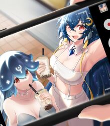 Rule 34 | 2girls, absurdres, armpits, bao (vtuber), blue hair, breasts, bubble tea, camera, cleavage, clero (viprimo), collar, collarbone, crescent, crescent hair ornament, crossed bangs, cup, disposable cup, drinking straw, hair ornament, highres, holding, holding camera, horns, indie virtual youtuber, jewelry, long hair, multiple girls, navel, necklace, o-ring, open mouth, pants, red eyes, ribbon, vienna (vtuber), viewfinder, virtual youtuber, white collar, white pants, yellow ribbon