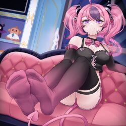 Rule 34 | 1girl, demon tail, efreezerarts, feet, highres, horns, indie virtual youtuber, ironmouse, light blush, light smile, long hair, looking at viewer, pink hair, purple eyes, soles, tail, thighhighs, twintails, virtual youtuber