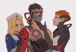 Rule 34 | 1boy, 2girls, aged down, alternate costume, alternate hairstyle, beret, black hair, blackwatch genji, blonde hair, blue bodysuit, blue eyes, blush, bodysuit, breasts, combat medic ziegler, cyborg, emblem, genji (overwatch), girl sandwich, hand on another&#039;s face, hat, lino chang, logo, long sleeves, looking at another, mask, medium breasts, medium hair, mercy (overwatch), moira (overwatch), multiple girls, muscular, no wings, official alternate costume, orange hair, overwatch, overwatch 1, parted lips, patch, red eyes, sandwiched, scar, short hair, simple background, sketch, small breasts, smile, spiked hair, squiggle, upper body, white background, white hat, wings