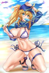 Rule 34 | 1girl, absurdres, ahoge, arm up, artoria pendragon (fate), baseball cap, beach, bikini, blonde hair, blue eyes, blue hat, blue sky, blush, breasts, cleavage, day, fate/grand order, fate (series), food, hair between eyes, hat, highres, hip focus, kneeling, large breasts, legs, long hair, looking at viewer, mouth hold, mysterious heroine x (fate), mysterious heroine xx (fate), navel, nez-box, ocean, ponytail, popsicle, sandals, shrug (clothing), side-tie bikini bottom, sidelocks, signature, sky, solo, strap pull, swimsuit, thigh strap, thighs, white bikini, wristband, zipper pull tab