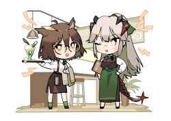 Rule 34 | 2girls, absurdres, ahoge, alternate costume, alternate hairstyle, apron, arguing, arknights, artist logo, artist name, black ribbon, black skirt, black vest, carrying, carrying under arm, chibi, collared shirt, commentary, counter, dragon horns, dragon tail, drink, feather hair, feather hair ornament, feathers, foam, full body, glass, glasses, green apron, grey hair, hair between eyes, hair ornament, hand on own hip, highres, horns, lamp, long hair, looking at another, menu, miniskirt, multiple girls, neck ribbon, nys, one eye closed, open mouth, orange eyes, plant, ponytail, potted plant, red eyes, rhine lab logo, ribbon, round eyewear, saria (arknights), shirt, short hair, side slit, signature, silence (arknights), simple background, skirt, standing, stool, suspender skirt, suspenders, tail, test tube, towel, tray, vest, waitress, white background, white shirt, wing collar
