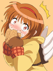 Rule 34 | 1girl, :t, ^^^, angel wings, backpack, bag, brown hair, brown mittens, caught, closed mouth, coat, commentary, eating, embarrassed, fake wings, food, food on face, from side, hairband, hands up, highres, holding, holding food, hood, hood down, kanon, looking at viewer, medium hair, mittens, orange background, red eyes, red hairband, silky (silky illust), simple background, solo, surprised, sweatdrop, taiyaki, tareme, tsukimiya ayu, upper body, wagashi, white wings, wide-eyed, wings, yellow coat