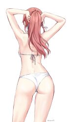 1girl adjusting_hair arms_up artist_name ass back backboob bikini breasts contrapposto cowboy_shot facing_away from_behind hair_ribbon hand_in_own_hair hands_in_hair highres kaetzchen large_breasts liliya_(kaetzchen) long_hair median_furrow original ponytail red_hair ribbon side-tie_bikini_bottom solo string_bikini swimsuit thigh_gap thighs tying_hair white_background white_bikini