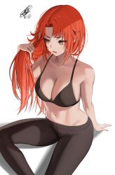 Rule 34 | 1girl, arm support, bare arms, bare shoulders, black bra, black pants, bra, breasts, cleavage, fang, highres, holding, holding own hair, large breasts, long hair, looking away, murata himeko, myabit, nail polish, navel, open mouth, orange eyes, original, pants, red hair, simple background, sitting, solo, stomach, underwear, white background