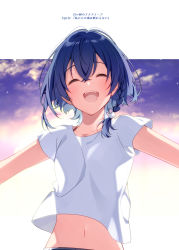 Rule 34 | 1girl, blue hair, commentary request, dark blue hair, closed eyes, highres, light blush, midriff, misakino kukuru, navel, open mouth, outstretched arms, promotional art, shell hair ornament, shiroi suna no aquatope, shirt, short hair, smile, solo, spread arms, u35, upper body, white shirt