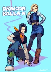 Rule 34 | 1boy, 1girl, android 17, android 18, ankle boots, bandana, black hair, black pantyhose, black shirt, black vest, blonde hair, blue eyes, blue footwear, blue pants, blue skirt, boots, brother and sister, brown footwear, closed mouth, contrapposto, copyright name, cowboy shot, denim, denim skirt, dragon ball, dragonball z, foreshortening, green pantyhose, hand on own hip, highres, jacket, kotatsu (g-rough), layered sleeves, long sleeves, looking at viewer, open clothes, open jacket, pants, pantyhose, pencil skirt, shirt, shoes, short hair, short over long sleeves, short sleeves, siblings, signature, skirt, sleeveless, sleeveless jacket, smile, socks, standing, vest, white shirt