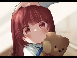Rule 34 | 1girl, aged down, blurry, blurry background, blush, chastille lilqvist, child, closed mouth, commentary request, eyebrows hidden by hair, hair between eyes, headpat, holding, holding stuffed toy, itagaki hako, long hair, maou no ore ga dorei elf wo yome ni shitanda ga dou medereba ii?, out of frame, red eyes, red hair, shirt, signature, smile, solo, stuffed animal, stuffed toy, teddy bear, upper body, very long hair, white shirt