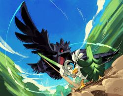 Rule 34 | alex ahad, animal focus, battle, beak, bird, blue sky, blurry, blurry background, corviknight, creatures (company), day, feathers, flying, game freak, gen 8 pokemon, holding, holding shield, holding weapon, looking at another, nintendo, no humans, open mouth, pokemon, pokemon (creature), red eyes, shield, sirfetch&#039;d, sky, speed lines, spring onion, standing, sword, talons, thick eyebrows, weapon