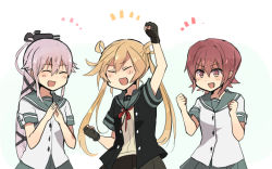 Rule 34 | 10s, 3girls, abukuma (kancolle), annin musou, arms up, bad id, bad pixiv id, blonde hair, brown eyes, brown hair, closed eyes, fingerless gloves, gloves, hair ribbon, hand up, hands up, kantai collection, kinu (kancolle), multiple girls, mutsuki (kancolle), open mouth, own hands together, pink hair, pleated skirt, ponytail, remodel (kantai collection), ribbon, school uniform, serafuku, sketch, skirt, smile, twintails, white background, yura (kancolle)