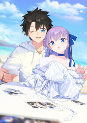 Rule 34 | 1boy, 1girl, bare shoulders, beach, black hair, blue eyes, blue ribbon, blue sky, blush, breasts, choker, coffeekite, drawstring, fate/grand order, fate (series), frilled one-piece swimsuit, frills, fujimaru ritsuka (male), fujimaru ritsuka (male) (summer street), hair ribbon, highres, hooded shirt, long hair, long sleeves, meltryllis, meltryllis (fate), meltryllis (swimsuit lancer) (fate), meltryllis (swimsuit lancer) (second ascension) (fate), off-shoulder one-piece swimsuit, off shoulder, one-piece swimsuit, one eye closed, open mouth, photo (object), puffy long sleeves, puffy sleeves, purple hair, ribbon, shirt, short hair, short sleeves, sky, sleeves past fingers, sleeves past wrists, small breasts, smile, swimsuit, white shirt