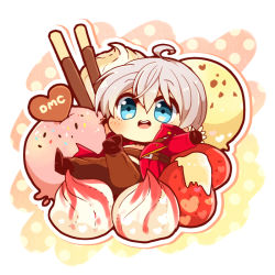 Rule 34 | 1boy, azu., bad id, bad pixiv id, blue eyes, chibi, copyright name, dante (devil may cry), devil may cry (series), food, fruit, ice cream, male focus, pocky, short hair, solo, strawberry, sweets, text focus, white hair