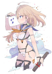 Rule 34 | 1girl, ahoge, animal, animal on shoulder, arm at side, asymmetrical hair, bare shoulders, bird, bird on shoulder, black thighhighs, blue eyes, blue sailor collar, bra, breasts, cleavage, closed mouth, cowboy shot, diploma, earrings, feathers, fingernails, floating hair, from side, graduation, hand up, highres, jewelry, long hair, medium breasts, midriff, nail polish, navel, neckerchief, original, panties, pink nails, profile, sailor collar, shading eyes, simple background, solo, strap, strapless, strapless bra, tajima ryuushi, thigh strap, thighhighs, underwear, white background, white bra, wind