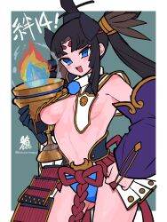 Rule 34 | 1girl, armor, asymmetrical sleeves, black hair, blue eyes, blue panties, breast curtains, breasts, chaldean visionary flames, chalice, cup, detached sleeves, fate/grand order, fate (series), feather hair ornament, feathers, hacco mayu, hair bun, hair ornament, hat, highres, japanese armor, long hair, looking at viewer, medium breasts, mismatched sleeves, open mouth, panties, parted bangs, side ponytail, sidelocks, single side bun, smile, solo, thighs, translation request, underwear, ushiwakamaru (fate), very long hair, wide sleeves