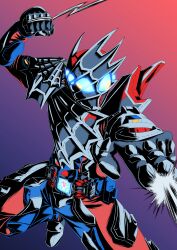 Rule 34 | 1boy, absurdres, armor, black armor, blue armor, blue eyes, clenched hand, compound eyes, demons driver, driver (kamen rider), fish23412, foreshortening, glowing, glowing eyes, highres, kamen rider, kamen rider demons, kamen rider revice, male focus, multicolored background, red armor, rider belt, shaded face, shadow, silk, spider genome, spider web, spider web print, spikes, web shooter, white armor