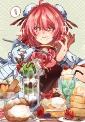 Rule 34 | !, + +, 1girl, :i, bandaged arm, bandages, bun cover, cake, chinese clothes, closed mouth, cream puff, cuffs, cup, dagasitotaiyou, dessert, double bun, drinking glass, drinking straw, eating, food, green background, hair bun, highres, holding, holding spoon, ibaraki kasen, ice cream, looking at viewer, pancake, pink eyes, pink hair, polka dot, polka dot background, shackles, short hair, solo, souffle pancake, spoken exclamation mark, spoon, star (symbol), strawberry shortcake, touhou, touhou lostword, upper body