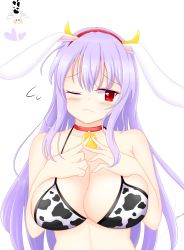Rule 34 | :&lt;, animal ears, animal print, bell, blush, breasts, chinese zodiac, cleavage, collar, cow print, embarrassed, happy new year, headband, highres, horns, kune-kune, large breasts, long hair, neck bell, new year, one eye closed, purple hair, rabbit ears, red eyes, reisen udongein inaba, shunki, solo, textless version, touhou, year of the ox