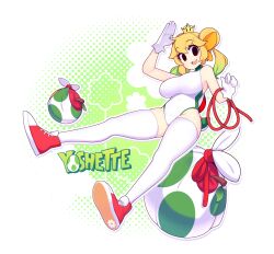 Rule 34 | 1girl, :d, absurdres, bare arms, bare shoulders, black eyes, blonde hair, breasts, character name, crown, fizintine, gloves, gradient hair, green hair, hair bun, highres, large breasts, leotard, looking at viewer, mario (series), mini crown, multicolored hair, new super mario bros. u deluxe, nintendo, open mouth, princess yoshi, shoes, smile, sneakers, solo, super crown, thighhighs, white gloves, white thighhighs