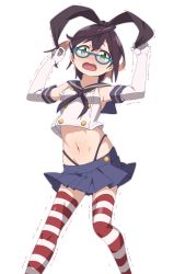 Rule 34 | 1girl, ahoge, alternate costume, armpits, arms up, awachi, black panties, blue-framed eyewear, blue skirt, blush, breasts, brown hair, buttons, cosplay, crop top, crop top overhang, elbow gloves, glasses, gloves, green eyes, hairband, highleg, highleg panties, highres, kantai collection, looking at viewer, midriff, miniskirt, multicolored hair, navel, okinami (kancolle), open mouth, panties, pink hair, sailor collar, school uniform, serafuku, shimakaze (kancolle), shimakaze (kancolle) (cosplay), short hair, simple background, skirt, small breasts, solo, striped clothes, striped thighhighs, thighhighs, trembling, underwear, white background, white gloves