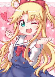 Rule 34 | 1girl, ;d, absurdres, ahoge, blonde hair, blush, bow, commentary request, green eyes, hair bow, hands uo, highres, himesaka noa, long hair, long sleeves, looking at viewer, md5 mismatch, one eye closed, open mouth, pink background, red bow, resolution mismatch, sailor collar, school uniform, smile, solo, source smaller, star (symbol), starry background, usagi koushaku, watashi ni tenshi ga maiorita!, white sailor collar