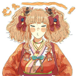 Rule 34 | 10s, 1girl, acorn, autumn leaves, blush, breasts, brown hair, choker, colorful, dress, food-themed hair ornament, food as clothes, hair ornament, hair ribbon, hair up, hands on own hips, heart, heart necklace, idolmaster, idolmaster cinderella girls, japanese clothes, jewelry, kimono, leaf, leaf hair ornament, lowres, medium breasts, moroboshi kirari, mushroom, necklace, orange dress, pout, ribbon, sash, simple background, solo, star (symbol), star necklace, sunako, twintails, upper body, wavy hair, white background