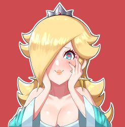 Rule 34 | 1girl, absurdres, bare shoulders, blonde hair, blue eyes, blush, breasts, cleavage, close-up, closed mouth, collarbone, crown, earrings, eyelashes, fingernails, hair over one eye, hands on own face, hands up, heart, heart-shaped pupils, highres, jewelry, large breasts, lips, long hair, long sleeves, looking at viewer, mario (series), nail polish, nintendo, no nose, off shoulder, outline, purple nails, red background, rosalina, sarukaiwolf, simple background, smile, solo, star (symbol), star earrings, super mario galaxy, symbol-shaped pupils, upper body, white outline, wide sleeves