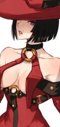 Rule 34 | 1girl, absurdres, bare shoulders, black hair, breasts, cleavage, dress, guilty gear, guilty gear xrd, guilty gear xx, hat, highres, hitsuji kusa, i-no, large breasts, looking at viewer, mole, mole above mouth, parted lips, purple eyes, red dress, red headwear, red lips, short hair, witch hat
