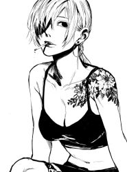 Rule 34 | 1girl, bare shoulders, black bra, bra, breasts, chainsaw man, cigarette, cleavage, collarbone, commentary, earrings, english commentary, eyepatch, flower tattoo, greyscale, highres, hoop earrings, jewelry, large breasts, midriff, monochrome, navel, parted lips, ponytail, quanxi (chainsaw man), raberu ruru, shoulder tattoo, solo, tattoo, underwear, upper body, white background