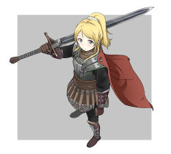 Rule 34 | 1girl, armor, ayase eli, blonde hair, blue eyes, blush, boots, breastplate, brown gloves, cape, claymore (sword), closed mouth, crossover, dark souls (series), dark souls ii, gauntlets, gloves, greatsword, grey background, hair ornament, hair scrunchie, holding, holding sword, holding weapon, huge sword, long hair, looking at viewer, love live!, love live! school idol project, murasaki saki, over shoulder, pauldrons, ponytail, red cape, scrunchie, shoulder armor, simple background, solo, sword, sword over shoulder, weapon, weapon over shoulder