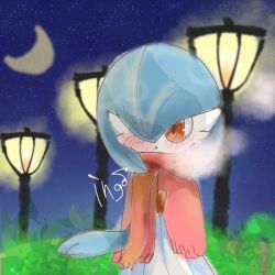 Rule 34 | 1girl, alternate color, artist name, blue hair, blue skin, blush, bob cut, breath, bush, capelet, clothed pokemon, cold, colored skin, creatures (company), crescent moon, female focus, game freak, gardevoir, gen 3 pokemon, hair over one eye, hand up, ingo (rizumu), lamppost, moon, multicolored skin, night, nintendo, one eye covered, open mouth, orange eyes, outdoors, pokemon, pokemon (creature), red capelet, red scarf, scarf, shiny pokemon, short hair, signature, sketch, sky, solo, standing, star (sky), starry sky, two-tone skin, upper body, white skin