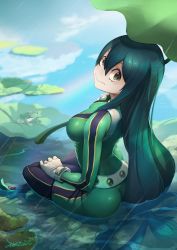 Rule 34 | 10s, 1girl, 2016, ass, asui tsuyu, black eyes, black hair, black thighhighs, bodysuit, boku no hero academia, breasts, dated, frog, gloves, hair between eyes, hair rings, head tilt, highres, indian style, johnson zhuang, lily pad, long hair, looking at viewer, outdoors, rain, signature, sitting, solo, thighhighs, very long hair, water, white gloves