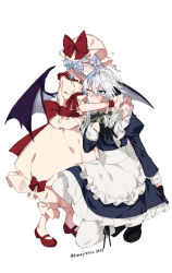 Rule 34 | 2girls, absurdres, apron, arms around neck, bat wings, black footwear, black gloves, blue eyes, boots, bow, braid, brooch, closed eyes, fang, flying sweatdrops, full body, gloves, hair bow, hat, hat bow, heart, highres, himadera, hug, izayoi sakuya, jewelry, juliet sleeves, kneeling, light purple hair, long sleeves, maid headdress, mary janes, mob cap, multiple girls, nail polish, one eye closed, puffy sleeves, red bow, red footwear, remilia scarlet, shoes, short sleeves, silver hair, simple background, skin fang, touhou, twin braids, twitter username, waist apron, waist bow, white background, wings, wrist cuffs