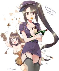 Rule 34 | + +, 10s, 2016, 2girls, :3, :d, alcohol, animal hands, animal hood, artist name, ashigara (kancolle), black eyes, black panties, bottle, breasts, brown hair, candy, cleavage, collar, dated, dress, fang, food, food in mouth, garter straps, gloves, halloween, halloween costume, hat, highres, holding, holding bottle, hood, kamaboko red, kantai collection, large breasts, lollipop, long hair, looking at viewer, mouth hold, multiple girls, nachi (kancolle), open mouth, orange dress, panties, pantyshot, paw gloves, police, police hat, police uniform, policewoman, side ponytail, sideways hat, smile, standing, strapless, strapless dress, thighhighs, triangle, underwear, uniform, very long hair, white background, wolf hood