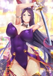 Rule 34 | 1girl, animal ears, armpits, arms behind head, arms up, bare shoulders, blurry, blurry background, blush, breasts, cleavage, closed mouth, covered navel, detached collar, fake animal ears, fate/grand order, fate (series), fishnet legwear, fishnets, highleg, highleg leotard, katana, large breasts, leotard, long hair, looking at viewer, minamoto no raikou (fate), parted bangs, purple eyes, purple hair, purple leotard, rabbit ears, revision, smile, solo, sparkle, sword, thighs, very long hair, weapon, wrist cuffs, zucchini