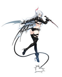 Rule 34 | 1girl, absurdres, ass, boots, closers, coffin, demon girl, demon tail, demon wings, eunha (closers), full body, green eyes, highres, horn, horns, long hair, official art, patch, smile, solo, tail, white hair, wings