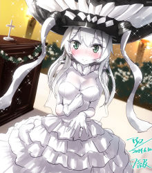 Rule 34 | 10s, 1girl, abyssal ship, altar, alternate costume, artist name, blush, breasts, bride, character name, cleavage, colored skin, commentary request, dated, dress, gloves, green eyes, hand on own chest, happy tears, hat, jewelry, kantai collection, looking at viewer, medium breasts, neo-masterpeacer, ornate ring, ring, signature, smile, solo, sparkle, tears, wedding dress, wedding ring, white gloves, white hair, white skin, wo-class aircraft carrier